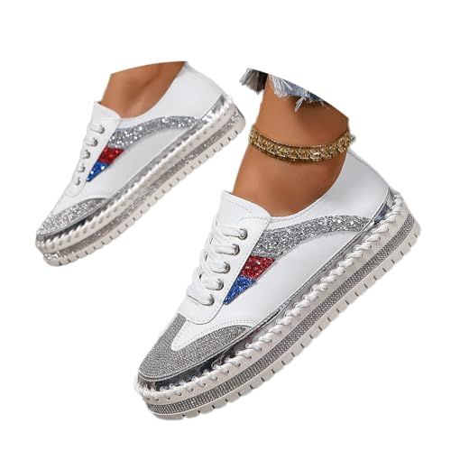 Onsoyours Damen Diamant Sneakers Glitzer Low Plateau Walkingschuhe Freizeitschuhe Schnürer Sportschuhe Atmungsaktiv Strass Turnschuhe Laufschuhe A Weiß-Blau 40 EU von Onsoyours