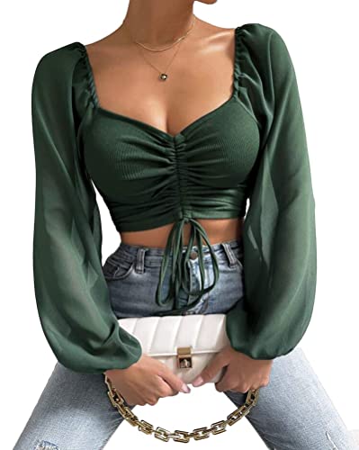 Onsoyours Damen Langarm Crop Top Laternenärmeln Slim Fit Bauchfrei Oberteile Streetwear A Grün S von Onsoyours