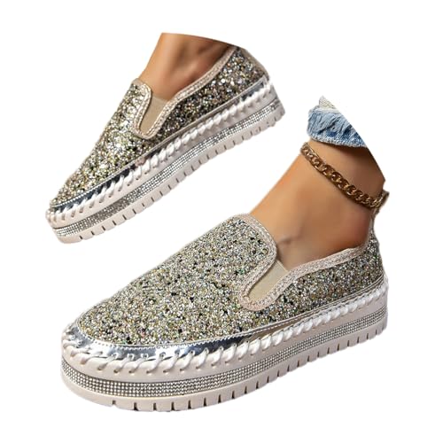 Onsoyours Damen Pailletten Sneakers Glitzer Low Schuhe Plateau Walkingschuhe Sportschuhe Atmungsaktiv Strass Turnschuhe Laufschuhe Freizeitschuhe A Gold-2 35 EU von Onsoyours