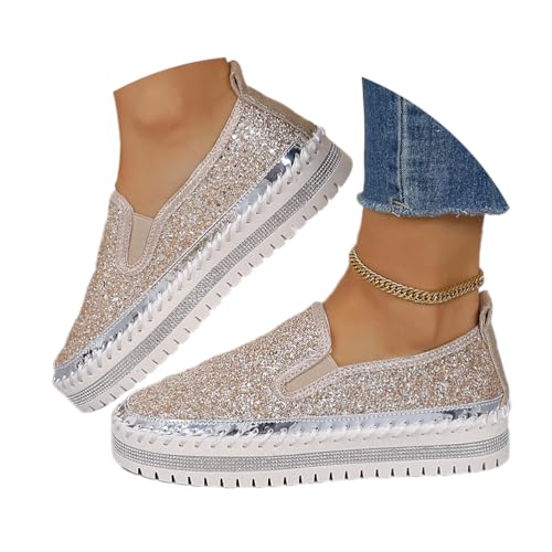 Onsoyours Damen Pailletten Sneakers Glitzer Low Schuhe Plateau Walkingschuhe Sportschuhe Atmungsaktiv Strass Turnschuhe Laufschuhe Freizeitschuhe A Gold 42 EU von Onsoyours