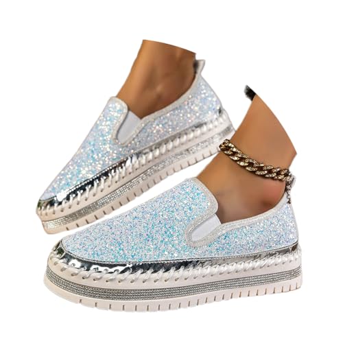 Onsoyours Damen Pailletten Sneakers Glitzer Low Schuhe Plateau Walkingschuhe Sportschuhe Atmungsaktiv Strass Turnschuhe Laufschuhe Freizeitschuhe A Weiß 45 EU von Onsoyours