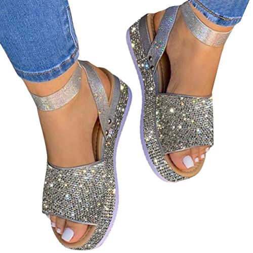 Onsoyours Damen Sandalen Plateausandalen Mode Glitzer Strass PU Sommerschuhe Mit Knöchelriemen Riemchensandalens Strandschuhe A Silber 41 EU von Onsoyours