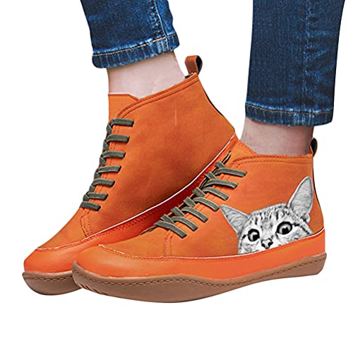 Onsoyours Damen Schnürstiefeletten Katzendruck Ankle Boots Stiefeletten Flache Schnürsenkel Wanderschuhe Kurzschaft Stiefel Schuhe A Orange 37 EU von Onsoyours