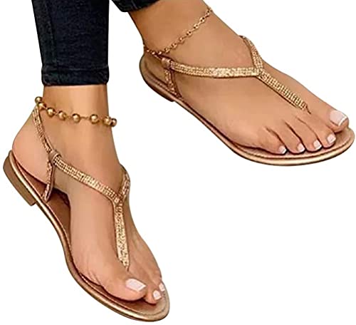 Onsoyours Damen Sommer Sandalen mit Strass Perlen Bohemia Strand Schuhe Freizeit Flach Sandalette B Gold 40 EU von Onsoyours