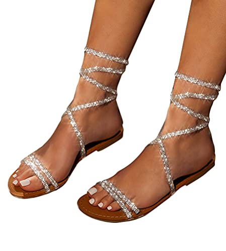 Onsoyours Damen Sommer Sandalen mit Strass Perlen Bohemia Strand Schuhe Freizeit Flach Sandalette Braun 38 EU von Onsoyours