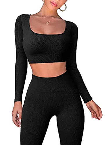 Onsoyours Damen Sportanzug Sport Outfit Workout Fitness Set Leggings mit Crop Top Oberteil Zweiteiler Trainingsanzug Jogginganzug A Schwarz XL von Onsoyours