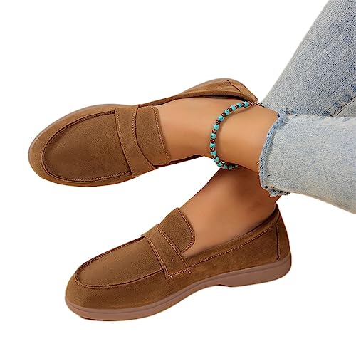 Onsoyours Damen Wildleder Loafers Flache Lässige Schuhe Freizeitschuhe Slip on Round Toe Wanderschuhe Bequeme Halbschuhe Sommer Bootsschuhe Atmungsaktiv Mokassins Slippers A Kamel 39 EU von Onsoyours