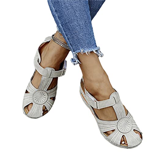 Onsoyours Geschlossene Sandalen Damen Faux Leder Arbeitsschuhe Sommerschuhe Bequeme Freizeit Flache Sandaletten Wandern Sport Sommer Strand Klettverschluss Sandalen B Grau 35 EU von Onsoyours