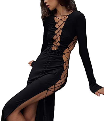 Onsoyours Maxikleider Damen Langarm Y2k Aesthetic Kleider Sexy Cut Outs Partykleid Elegant Einfarbig Schlitz Freizeitkleid Slim Fit Abend Kleid Party Club Streetwear B Schwarz S von Onsoyours