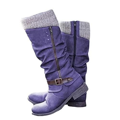 Onsoyours Overknee Stiefel Damen Warme Winterstiefel Mit Blockabsatz Langschaft Boots Flach Casual Cowboy Stiefel Reißverschluss Klassisch Westernstiefel Winterschuhe B Violett 43 EU von Onsoyours