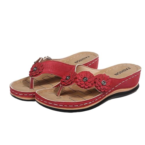 Onsoyours Pantoletten Orthopädische Hausschuhe Damen Sommerschuhe Sexy Sommer Sandalen mit Fussbett Weich Comfort Zehentrenner Sandaletten A Rot 43 EU von Onsoyours