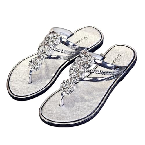 Onsoyours Sandalen Damen Strand Hausschuhe Sommer Freizeit Flip Flops Bohemian Sommerschuhe Flach Zehentrenner mit Strass B Silber 37 EU von Onsoyours