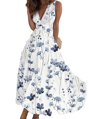 Onsoyours Sommerkleider Damen Sexy Lässig V-Ausschnitt Ärmellos Blumendruck A-Linie Kleid Maxikleid Partykleid Freizeitkleid Strandkleider Hohe Taille Sommer B Blau XL von Onsoyours