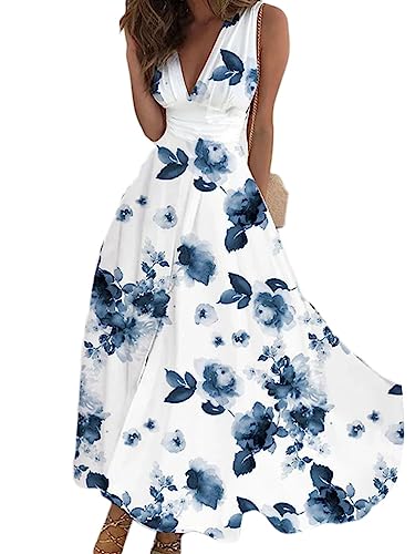 Onsoyours Sommerkleider Damen Sexy Lässig V-Ausschnitt Ärmellos Blumendruck A-Linie Kleid Maxikleid Partykleid Freizeitkleid Strandkleider Hohe Taille Sommer C11 Blau XS von Onsoyours