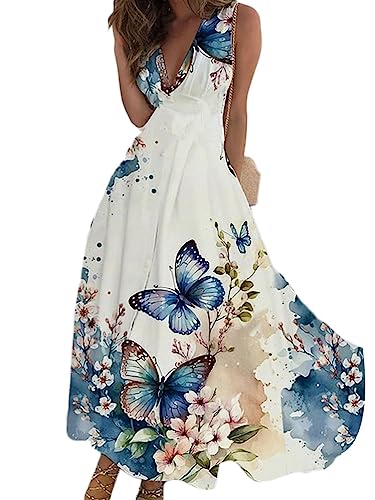 Onsoyours Sommerkleider Damen Sexy Lässig V-Ausschnitt Ärmellos Blumendruck A-Linie Kleid Maxikleid Partykleid Freizeitkleid Strandkleider Hohe Taille Sommer C14 Blau L von Onsoyours