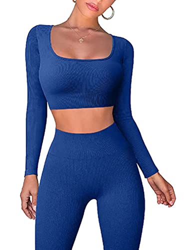 Onsoyours Sport Set Damen Einfarbig Zweiteiler Gerippte Langarm Crop Tops + Leggings/Shorts Fitness Yoga Outfit Trainingsanzug Sets A Blau S Onsoyours Sport Set Damen Einfarbig Zweiteiler Gerippte Langarm Crop Tops + Leggings/Shorts Fitness Yoga Outfit Trainingsanzug Sets A Blau S von Onsoyours