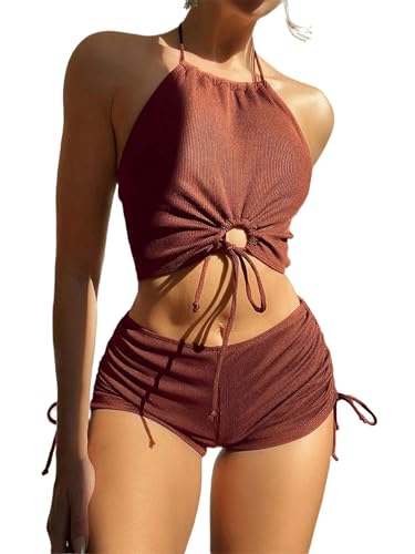 OonMan Badeanzug für Damen, Bikini mit floralen Trägern und rückenfreiem Bikini, Braun, Größe M von OonMan