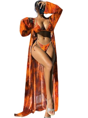 OonMan Badeanzug für Damen, dreiteilig, langärmelig, Sonnenschutz-Oberteil mit Bikini-Orange-XL von OonMan