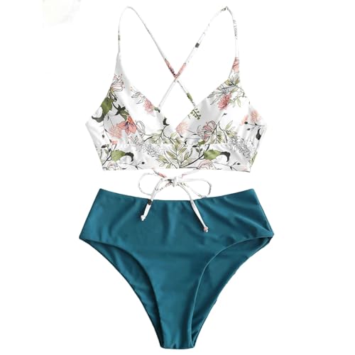 OonMan Bikini mit hohem Bein, zweiteiliger Badeanzug für Damen, Sommer, Strandkleidung, Marineblau, Größe S von OonMan