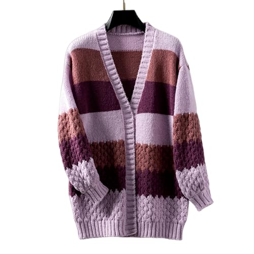 OonMan Damen-Strickjacke, Herbst- und Winter-Kontraststreifen, Pullover, Strickjacke, Violett, Größe S von OonMan