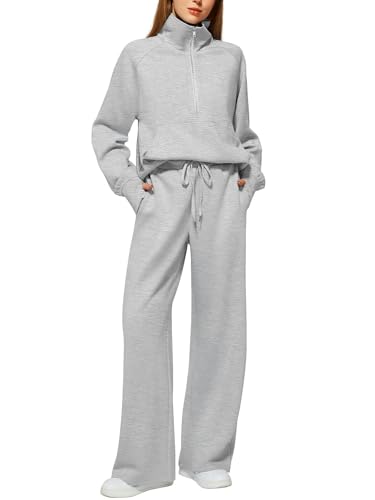 OonMan Damen-Trainingsanzug-Set, zweiteilig, lockerer halber Reißverschluss, Sweatshirt mit weitem Bein, Grau, Größe XL von OonMan