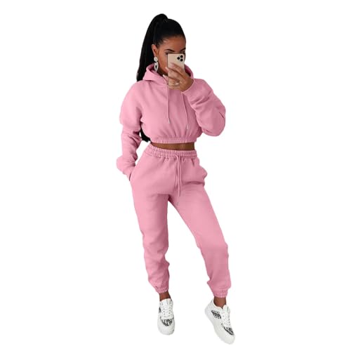 OonMan Damen-Trainingsanzug-Set für Herbst und Winter, Plüsch-Kapuzen-Sweatshirt, zweiteilig, Rosa, Größe XL von OonMan