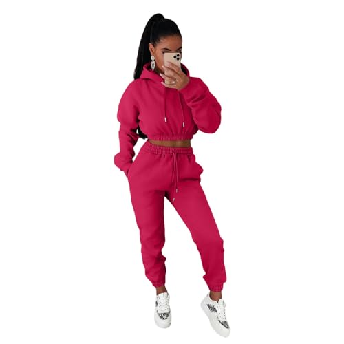 OonMan Damen-Trainingsanzug-Set für Herbst und Winter, Plüsch-Kapuzen-Sweatshirt, zweiteilig, Rot, Größe L von OonMan