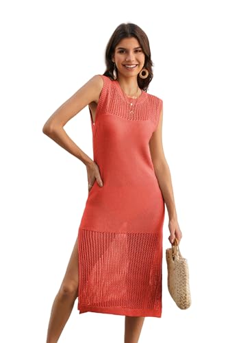 OonMan Häkelkleid, Sommer, Strand, Urlaub, langes Kleid, Bluse, einfarbig, Rot, Größe L von OonMan