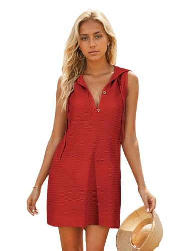 OonMan Häkelkleid, Sommermode, V-Ausschnitt, ärmellos, mit Kapuze, für Damen, Rot, Größe M von OonMan