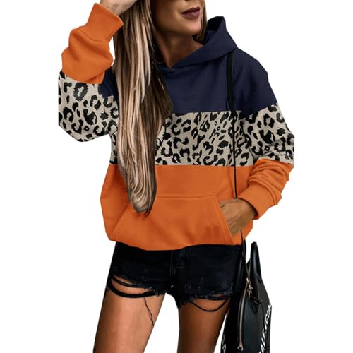 OonMan Kapuzenpullover für Damen, Leopardenmuster, Winter, Kontrastfarbe, Sweatshirt, Orange, Leopardenmuster, Größe XXL von OonMan