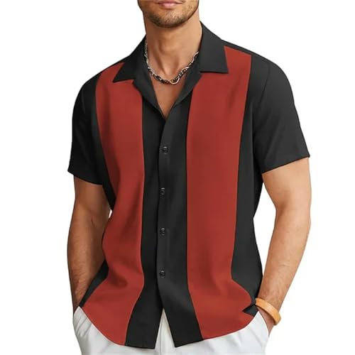 OonMan Kurzarmhemden für Herren, Sommer, Bowling-Knöpfe, kurze Ärmel, Colorblock-Revers, Herrenhemd von OonMan