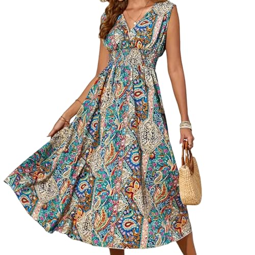 OonMan Sommerkleider für Damen, Frühling und Sommer, bedrucktes ärmelloses Kleid mit V-Ausschnitt von OonMan