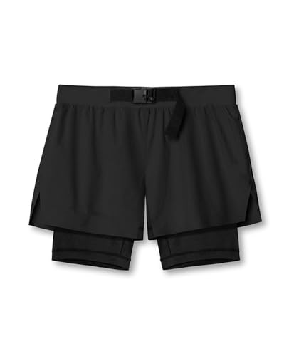 OonMan Sportshorts für Herren, vierseitig, elastisch, doppellagig, Laufhose, Schwarz, Größe M von OonMan