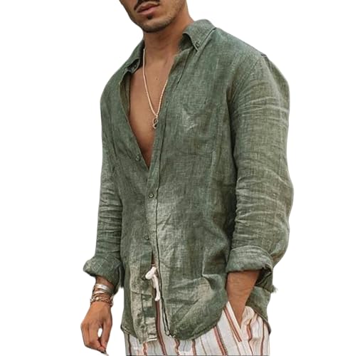 OonMan leinenhemd Herren Herren Langarm Button Down Baumwolle Leinen Shirt Revers Cardigan-Grün-XL von OonMan