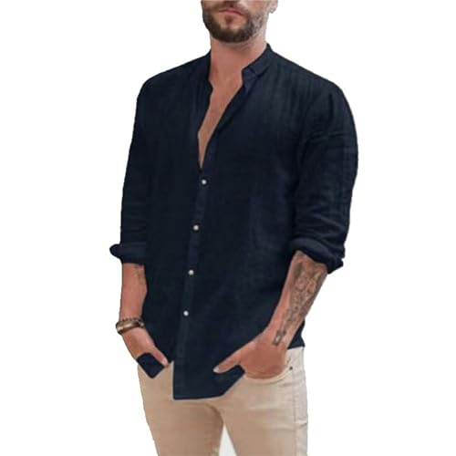 OonMan leinenhemd Herren Herren Retro Stehkragen Cardigan Langarm Baumwolle Leinen Einfarbig Shirt-Dunkelblau-M von OonMan