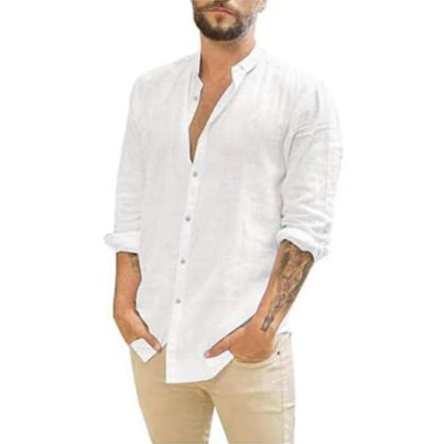 OonMan leinenhemd Herren Herren Retro Stehkragen Cardigan Langarm Baumwolle Leinen Einfarbig Shirt-Weiß-XL von OonMan