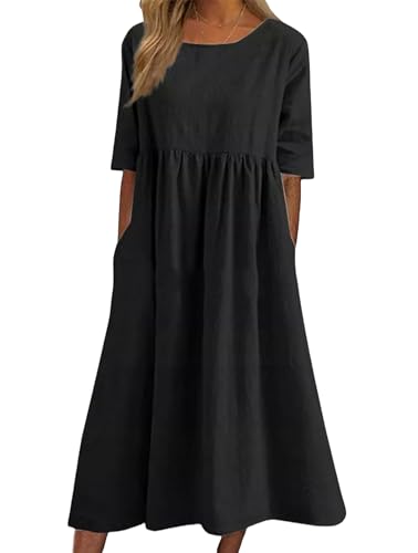 OonMan leinenkleid 5-Ärmel Große Größe Casual Lose Lange Einfarbige Baumwolle Leinen Kleid-Schwarz-3Xl von OonMan