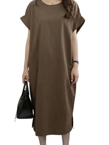 OonMan leinenkleid Einfarbig Rundhalsausschnitt Kurzarm Split Baumwolle Leinen Langes Kleid Frauen-Braun-4Xl von OonMan