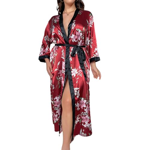 OonMan seidenpyjama Damen Plus Size Pyjamas Frauen Lose Gedruckt Lange Simulation Seide-Rote Blume-XXXXXL von OonMan