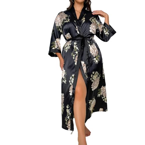 OonMan seidenpyjama Damen Plus Size Pyjamas Frauen Lose Gedruckt Lange Simulation Seide-Schwarze Blume-XXXXL von OonMan