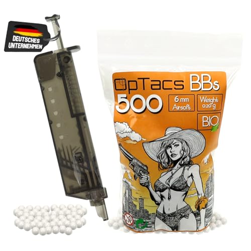 Set OpTacs Airsoft BBS Softair Kugeln 6mm 500 Stück Premium Bio BB 0,20g biologisch abbaubar + Speedloader transparent für 110 BBS von OpTacs