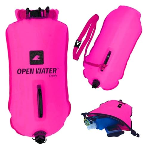OPENWATER Aufblasbare Schwimmboje XL – große Sicherheitsboje mit Tasche für Dinge 28 L Rosa von OpenWater