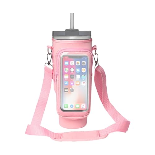 Getränkehalter mit Gurt - 30 bis 40 oz Tasche für Wasserflasche mit transparenter Telefontasche | Verstellbare Wasserflaschentasche, verschleißfester Wasserflaschenhalter zum Wandern, Farbe: Rosa., Se von Opilroyn