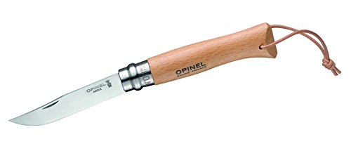 Opinel 1321 Taschenmesser Nr. 8 mit Lederriemen, Natur, 254194, Buchenholz Braun von Opinel