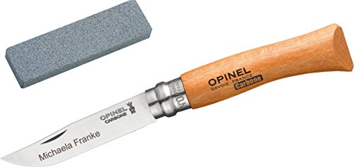 Opinel No.7 Carbon Set: Taschenmesser + Schleifstein, incl. Wunschgravur auf der Klinge in Geschenk-Schachtel von OPINEL