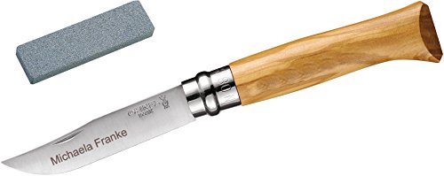 Opinel No.8 Olivenholz Set: Taschenmesser + Schleifstein, incl. Wunschgravur auf der Klinge in Geschenk-Schachtel von Opinel