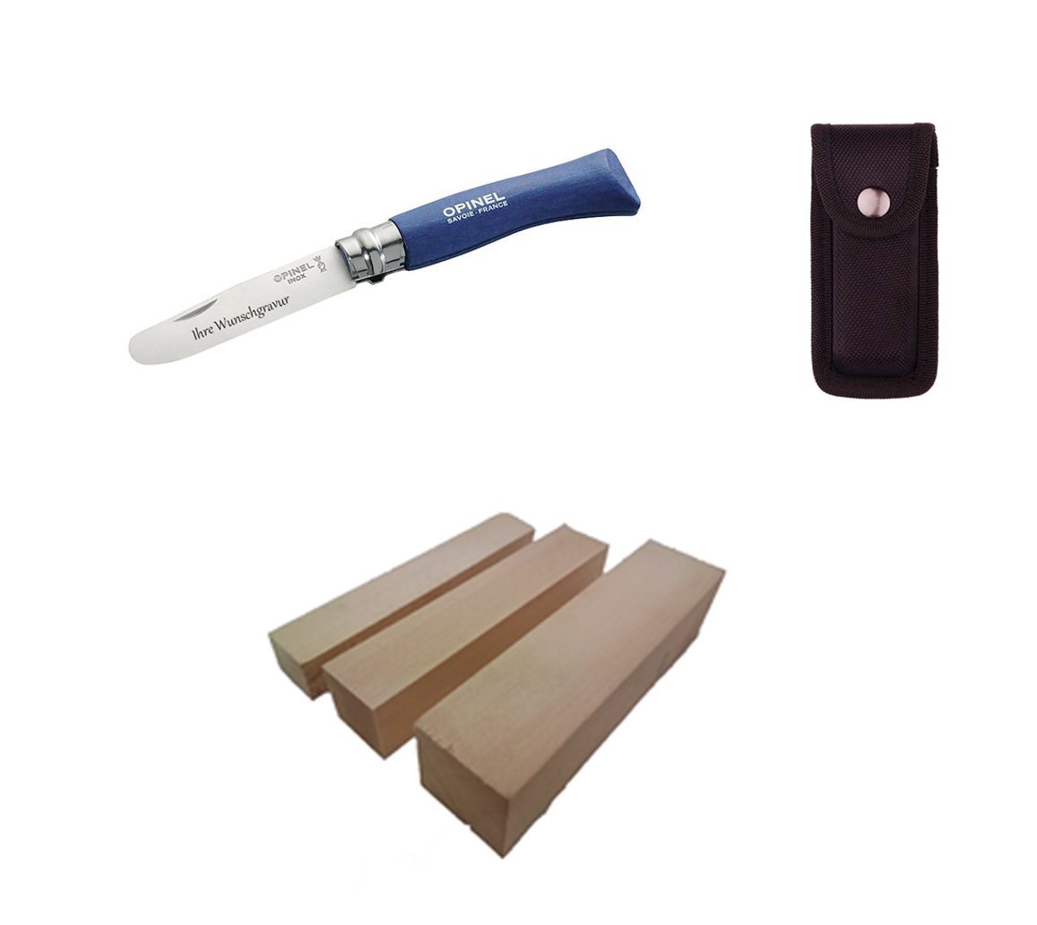 Opinel Taschenmesser, Opinel No 07, Kindermesser, blau + Etui + 3-tlg. Schnitzholz-Set Opinel Taschenmesser, Opinel No 07, Kindermesser, blau + Etui + 3-tlg. Schnitzholz-Set von Opinel