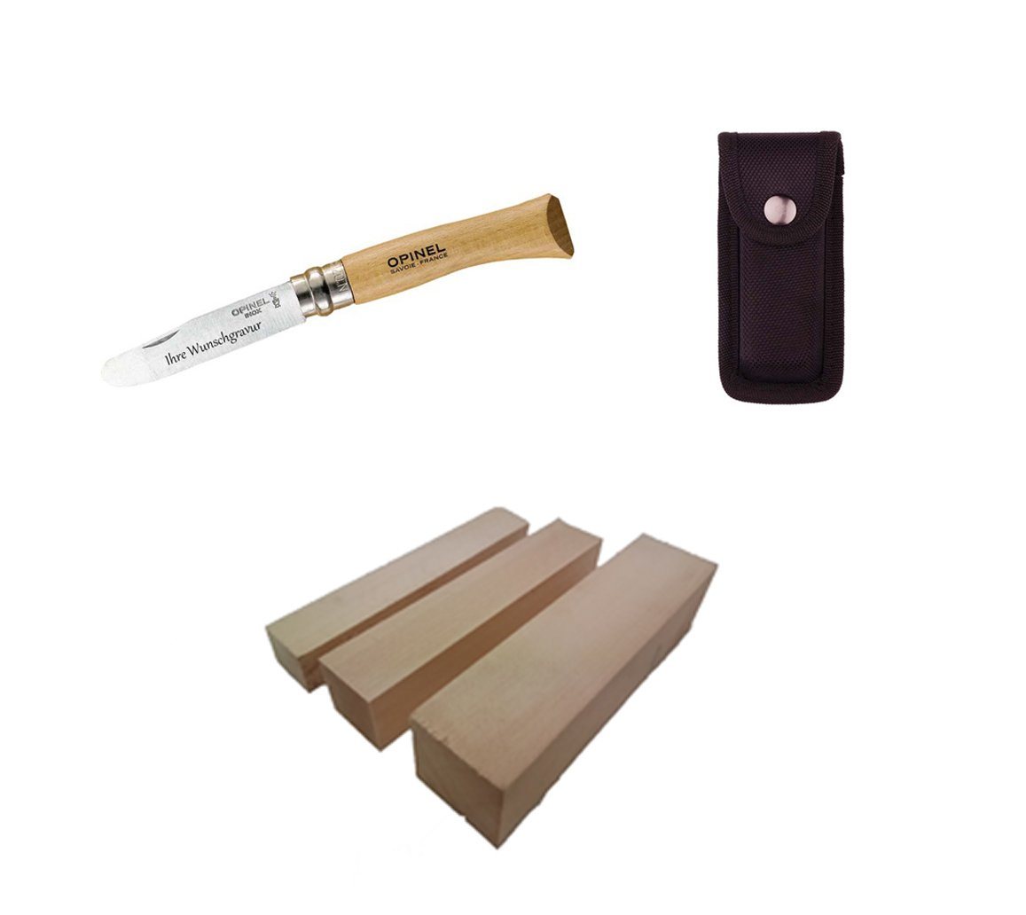 Opinel Taschenmesser, Opinel No 07, Kindermesser, natur + Etui + 3-tlg. Schnitzholz-Set Opinel Taschenmesser, Opinel No 07, Kindermesser, natur + Etui + 3-tlg. Schnitzholz-Set von Opinel
