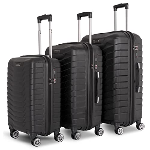 OPTIMUMX Kofferset – Hartschalenkofferset – Zwillingsrollen – Hartschale Trolley Koffer Reisekoffer in S-M-L-Set – Material: ABS – Rollkoffer – Hard Shell – Schwarz von OptimumX Haushaltsgeräte