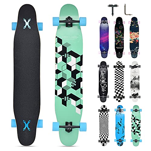 Opurtdor Longboard 118CM Profi Skateboard Komplettes Cruiser Trick 8 Etagen Ahornholz Wood Schwarzes Longboard für Anfänger Erwachsene Teens Mädchen Jungen (3D Kariert) von Opurtdor